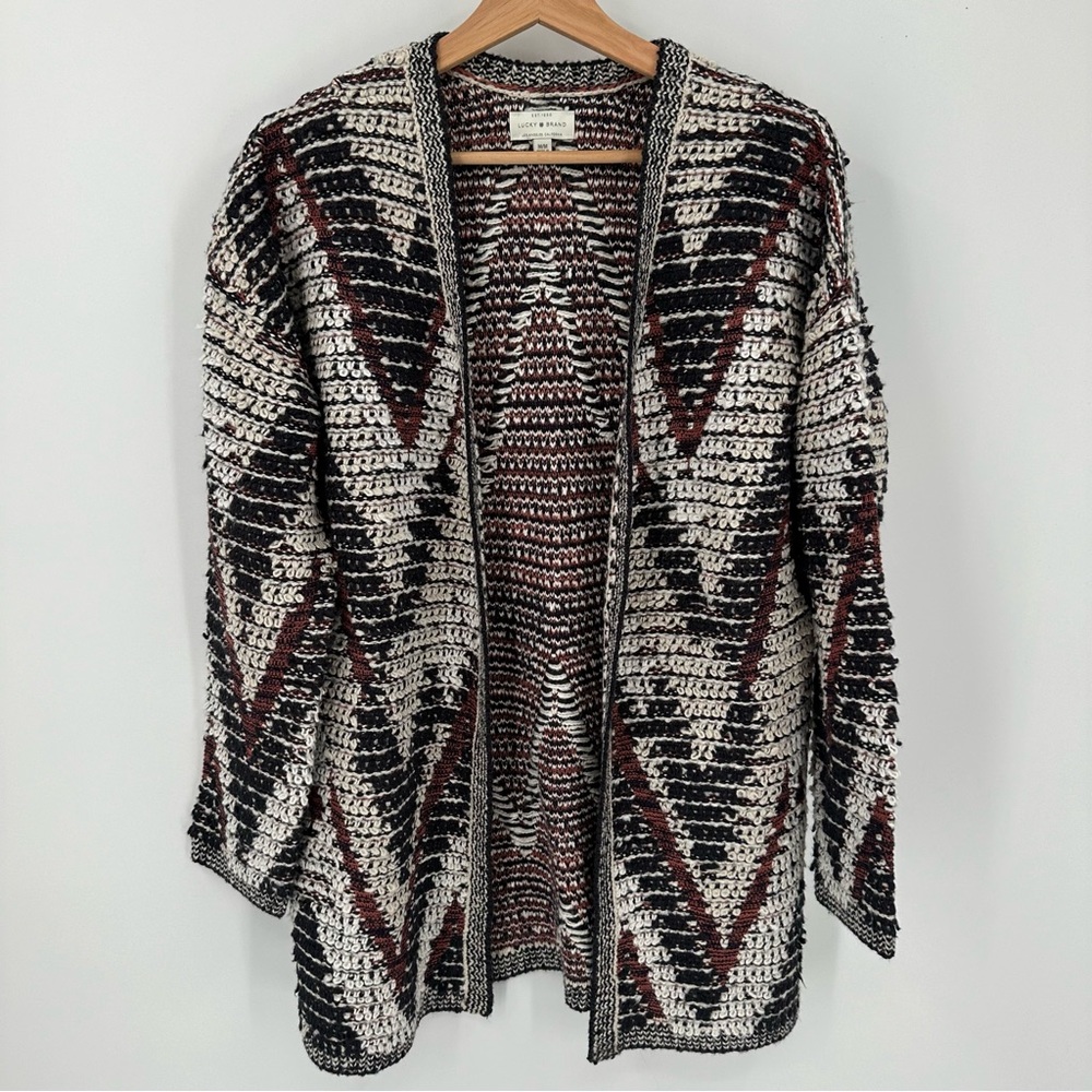 Lucky Brand Open Front Cardigan Sweater Chunky Knit Size Medium Black Red White